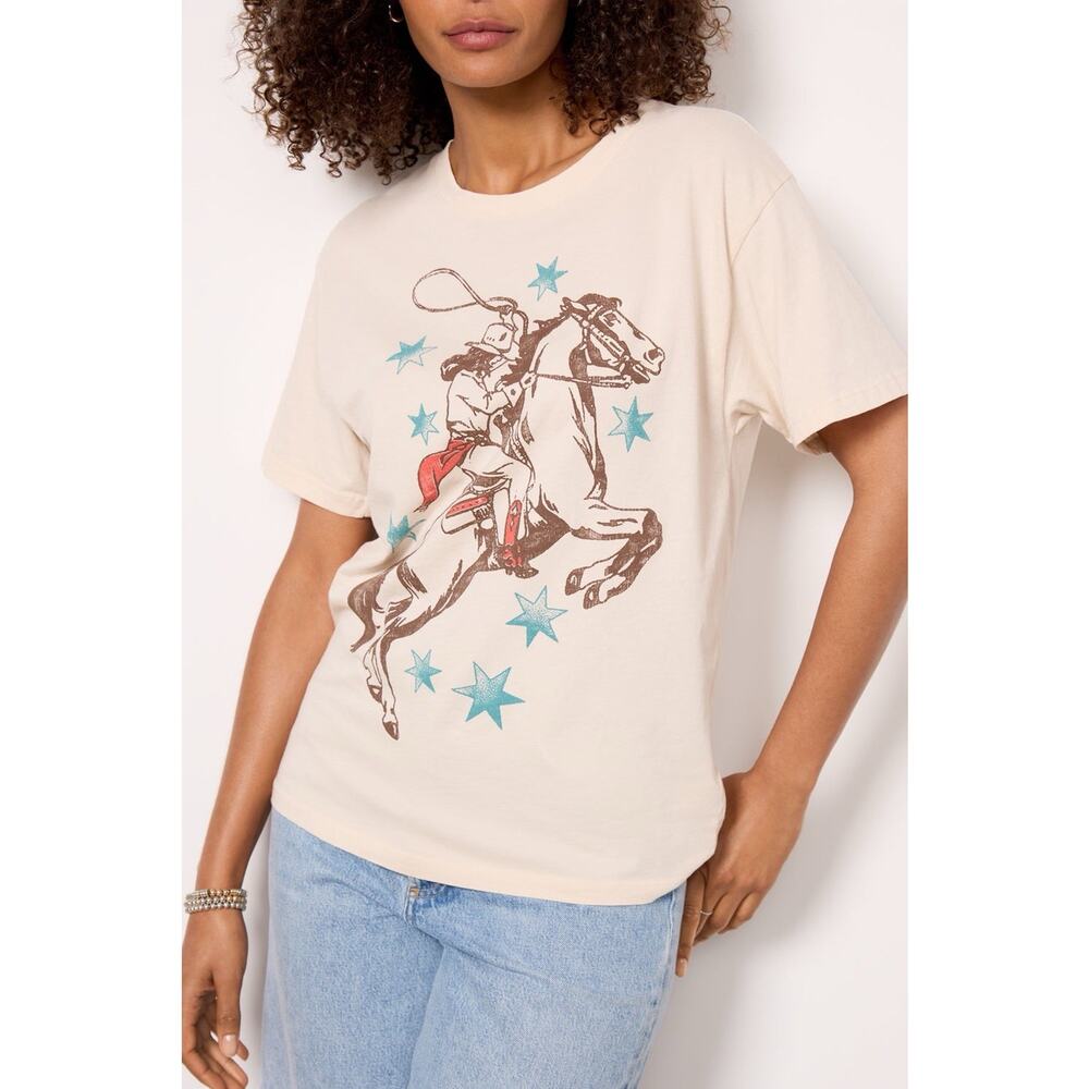 LETLUV Horse Graphic Boyfriend Tee Women Sz M Ivory Cowgirl Western Rodeo Countr
